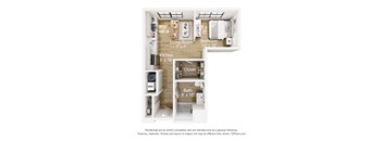 A diagram of a small apartment layout with a living room, kitchen, bedroom, bathroom, and closet.