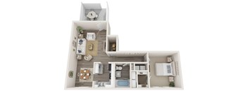 A 3D floor plan of a small apartment with a kitchen, living room, and bathroom.