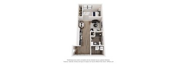 A 3D floor plan of a small apartment with a kitchen, living room, and bathroom.