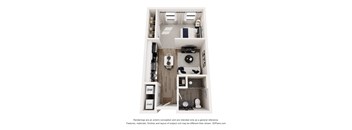 A 3D floor plan of a small apartment with a kitchen, living room, and bathroom.