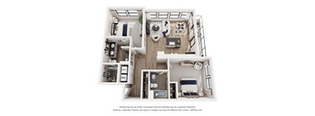 A 3D floor plan of a small apartment with a kitchen, living room, and bathroom.