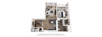 A 3D floor plan of a small apartment with a kitchen, living room, and bathroom.