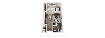 A 3D floor plan of a small apartment with a kitchen, living room, and bathroom.