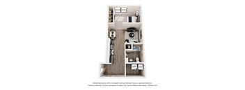 A 3D floor plan of a small apartment with a kitchen, living room, and bathroom.