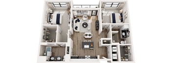 A top-down view of a modern, well-organized apartment with a kitchen, living room, and two bedrooms.
