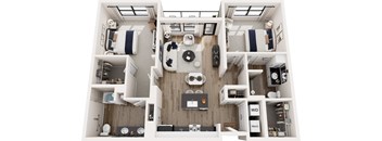 A top-down view of a small apartment with a kitchen, living room, and bathroom.