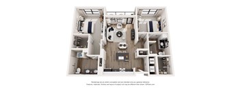 A 3D floor plan of a house layout.
