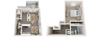 A floor plan of a two-bedroom apartment with a living room, kitchen, and bathroom.