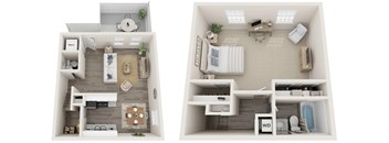 A floor plan of a two-bedroom apartment with a living room, kitchen, and bathroom.