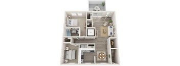 A 3D floor plan of a house with a kitchen, living room, and two bedrooms.