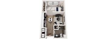 A top-down view of a small, modern apartment with a kitchen, living room, and bathroom.