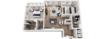 A top-down view of a small apartment with a bedroom, living room, and kitchen.