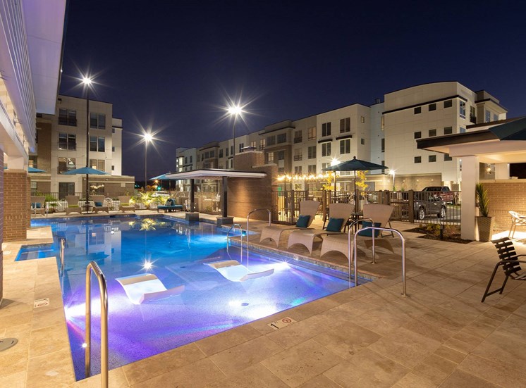 Twilight pool view 2 at Lumen Apartments in Hampton, VA
