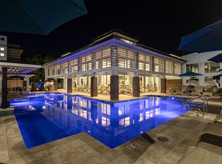 Twilight pool at Lumen Apartments in Hampton, VA