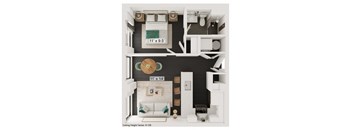 a floor plan of a studio apartment with a balcony and black and white decor