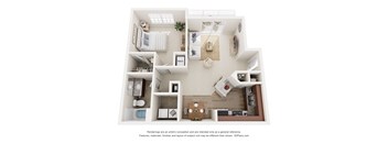 A floor plan of a small apartment with a kitchen, living room, and bathroom.