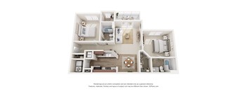 A 3D floor plan of a house with a kitchen, living room, and bathrooms.