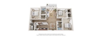 A 3D floor plan of a house with a kitchen, living room, and bathrooms.