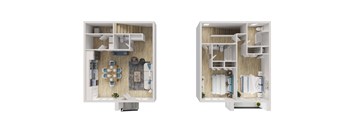 A top-down view of a small apartment with a kitchen, living room, and bathroom.