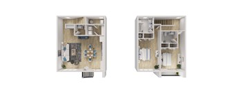 Two images of a dollhouse interior with a kitchen and bathroom.