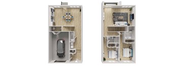 A diagram of a small apartment with two bedrooms and a living room.