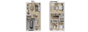 Two images of a small apartment layout with a car in the garage.