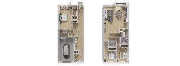 Two images of a small apartment layout with a carpeted floor and a kitchen area.