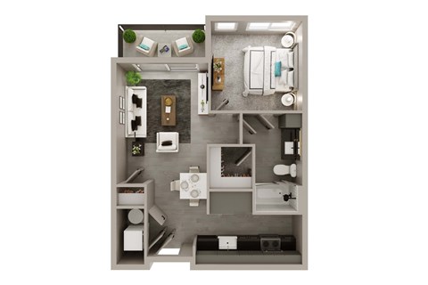 A top-down view of a small apartment with a kitchen, living room, and bathroom.