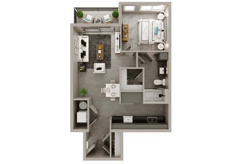 A floor plan of a small apartment with a kitchen, living room, and bathroom.