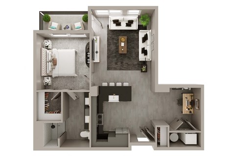 A 3D floor plan of a small apartment with a kitchen, living room, and bathroom.