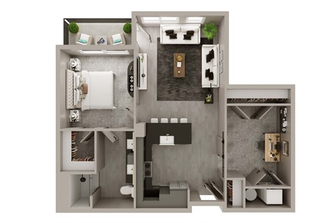 A 3D floor plan of a small apartment with a kitchen, living room, and bathroom.