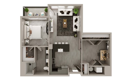 A 3D floor plan of a small apartment with a kitchen, living room, and bathroom.