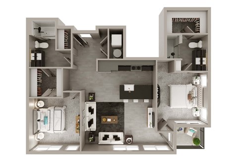 A floor plan of a house with a kitchen, living room, and bathrooms.