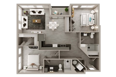 A top-down view of a small apartment with a kitchen, living room, and bathroom.