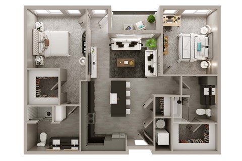 A top-down view of a small apartment with a kitchen, living room, and bathroom.