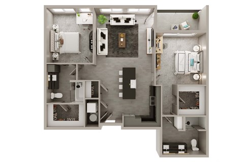 A top-down view of a small apartment layout with a kitchen, living room, and bathroom.