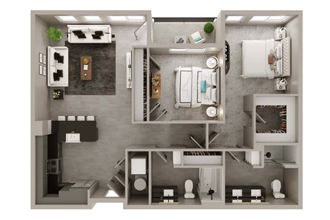 A top-down view of a small apartment with a kitchen, living room, and bathroom.