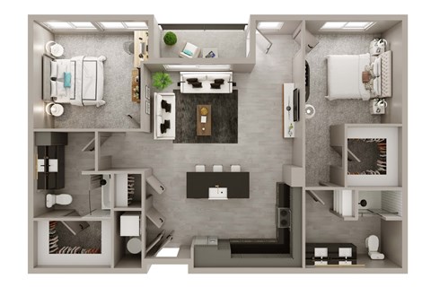 A 3D floor plan of a small apartment with a kitchen, living room, and bathroom.
