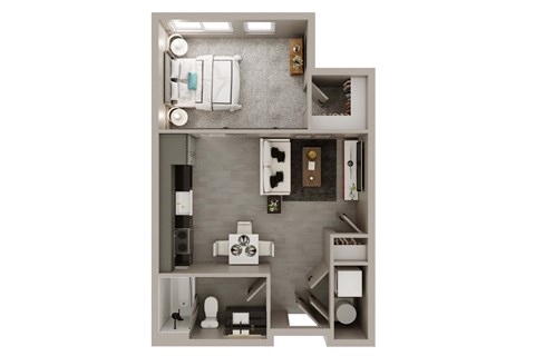 A floor plan of a small apartment with a kitchen, living room, and bathroom.