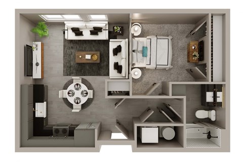 A top-down view of a modern kitchen with grey cabinets and appliances.