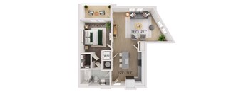 1 Bed 1 Bath Floor Plan | 748 Sq. Ft. at The Walker Virginia Center, Virginia, 23059