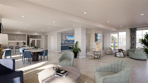 a living room and dining room with a table and chairs