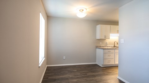 A kitchen area with a sink and cabinets.