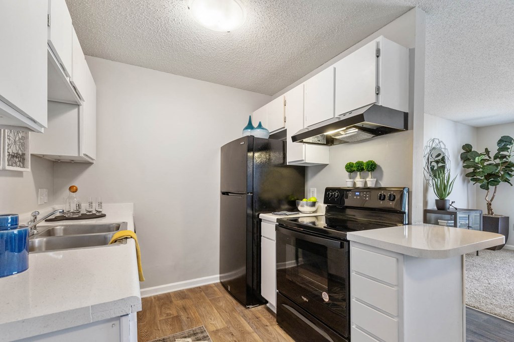 a kitchen with a counter top and a refrigerator at Village 1373, North Carolina