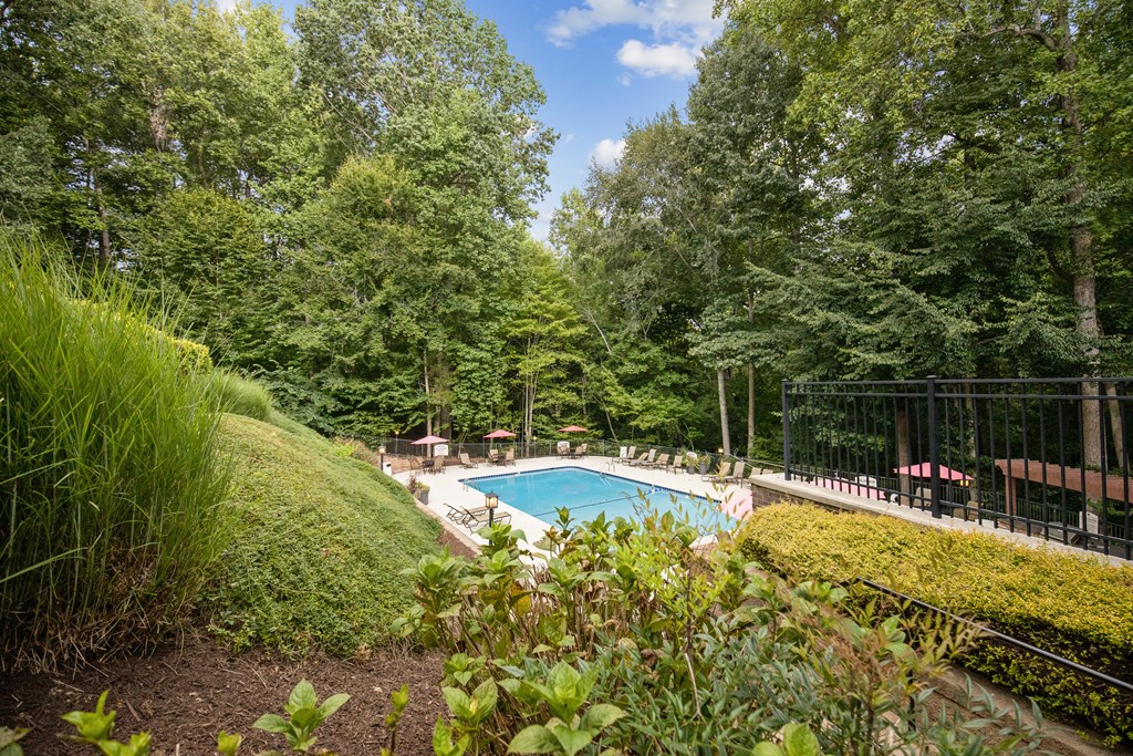a swimming pool with trees in the background