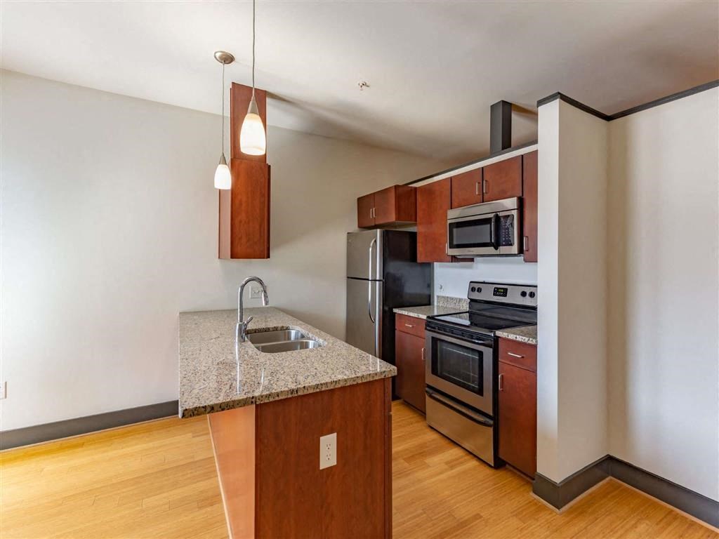 Kitchen island at The Masonry Apartments