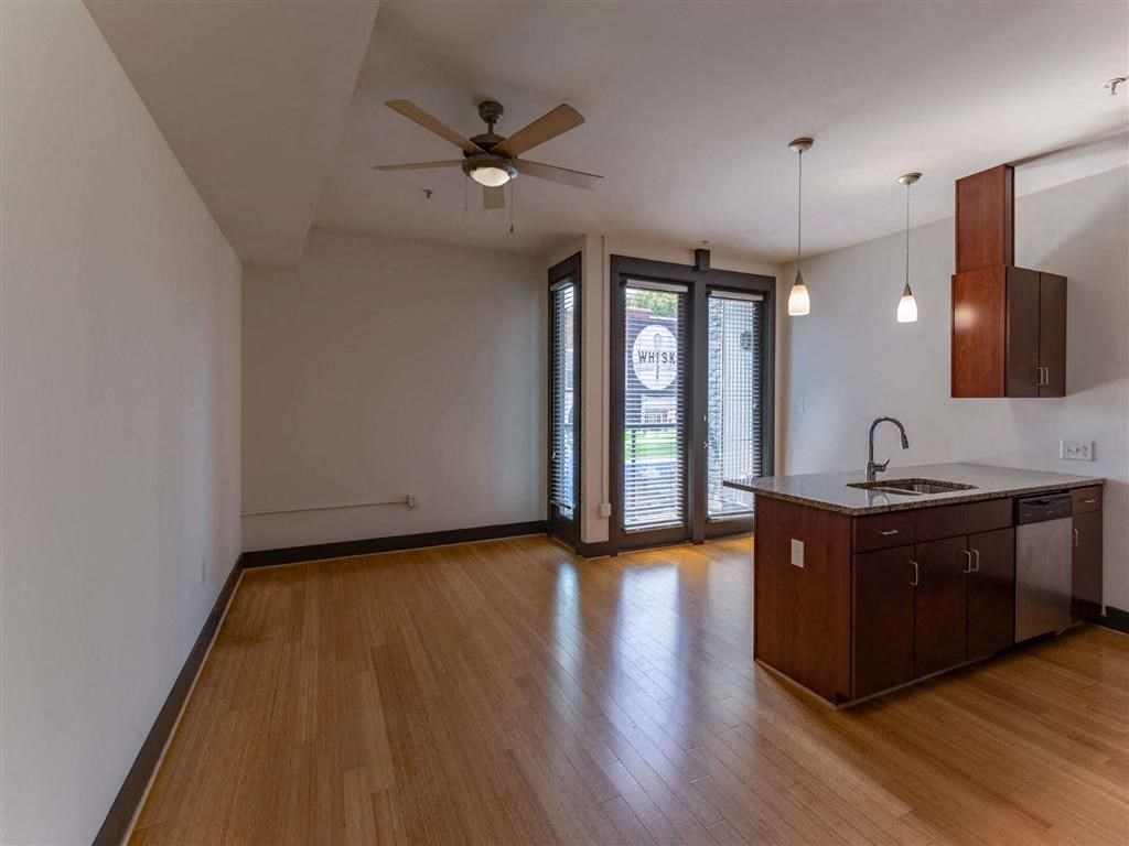 Windows and kitchen at The Masonry Apartments