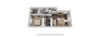 a stylized 3d floor plan with a bedroom and a living room