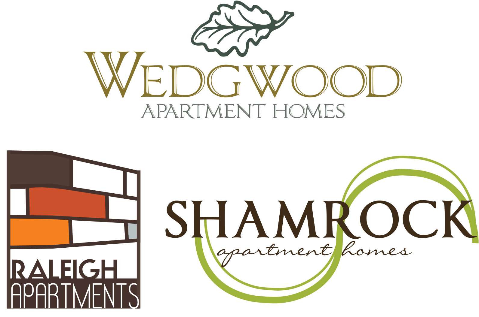 Three apartment home logos are displayed, one for Wedgewood, one for Shamrock, and one for Raleigh Apartments.