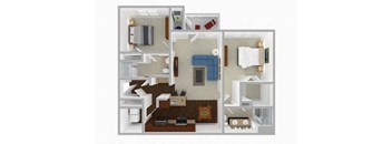 A 3D floor plan of a house with a kitchen, living room, and bedrooms.